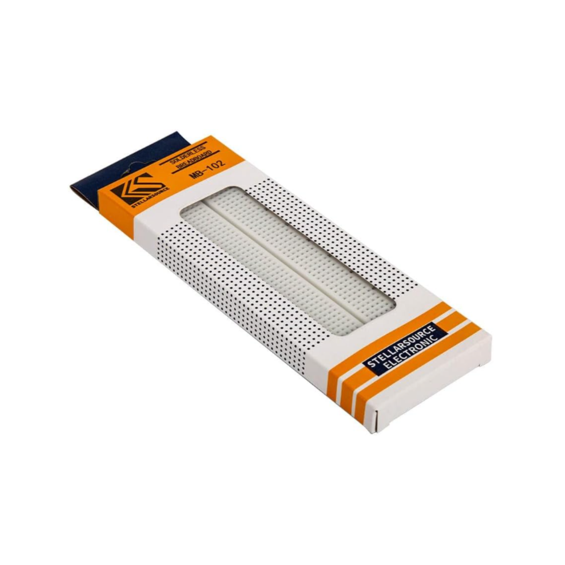 Angled view of solderless breadboard packaging showing window and logo