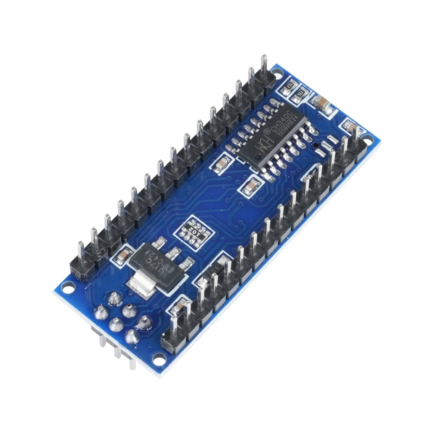 Arduino Nano V3.0 ATmega328P Type-C board angled bottom showing pins