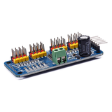 Top view of ShillehTek PCA9685 PWM driver showing pin headers and capacitor