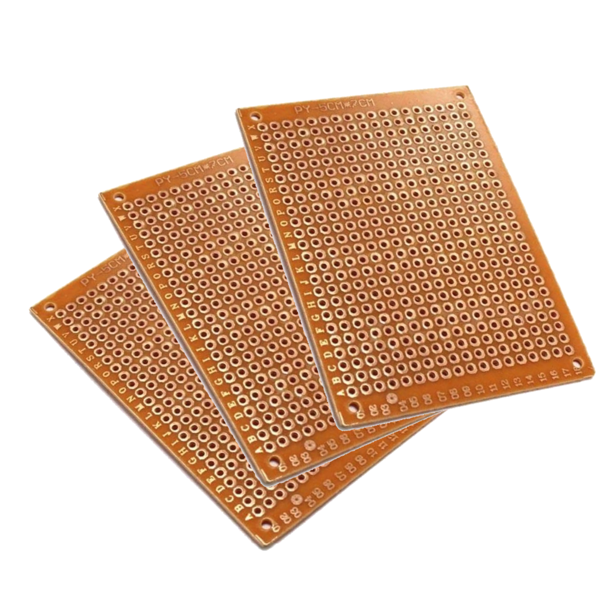 Three 5x7cm copper prototype PCB boards stacked for Arduino and Pi DIY electronics