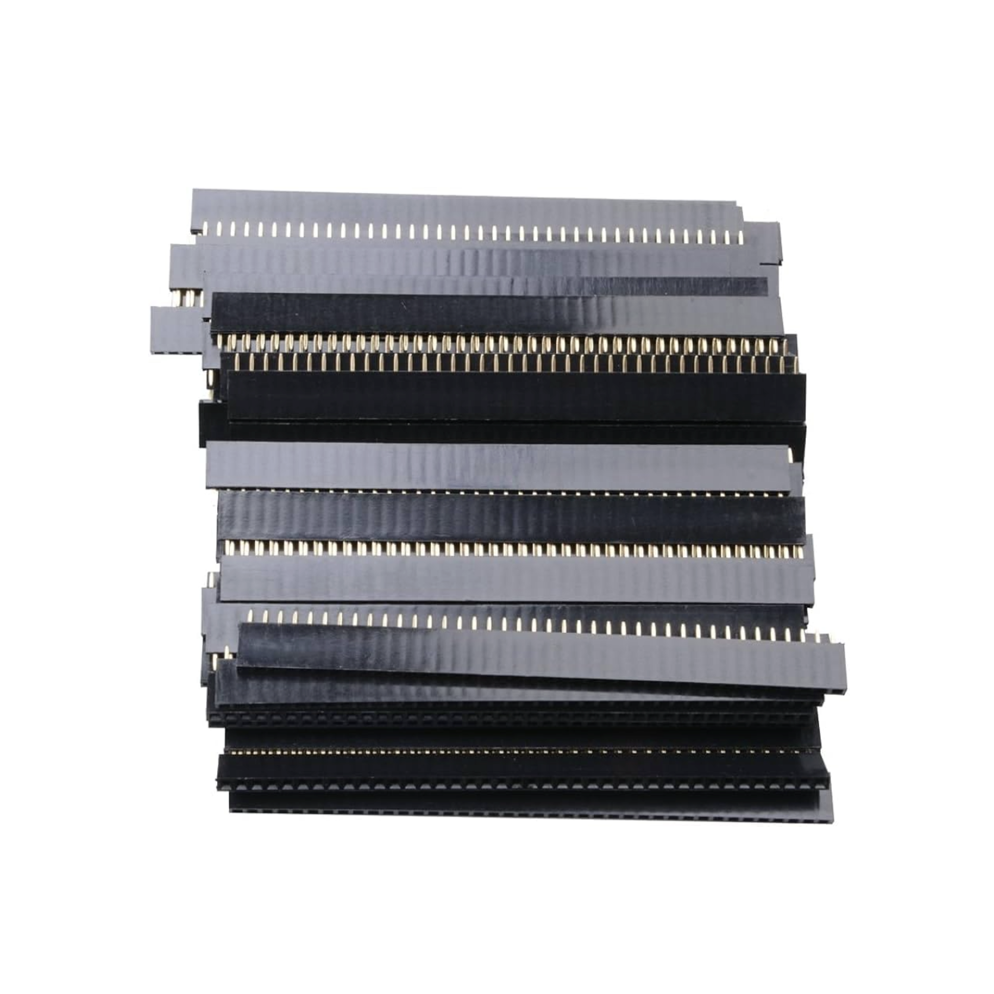 Stacked black plastic ShillehTek female header connectors with gold pins