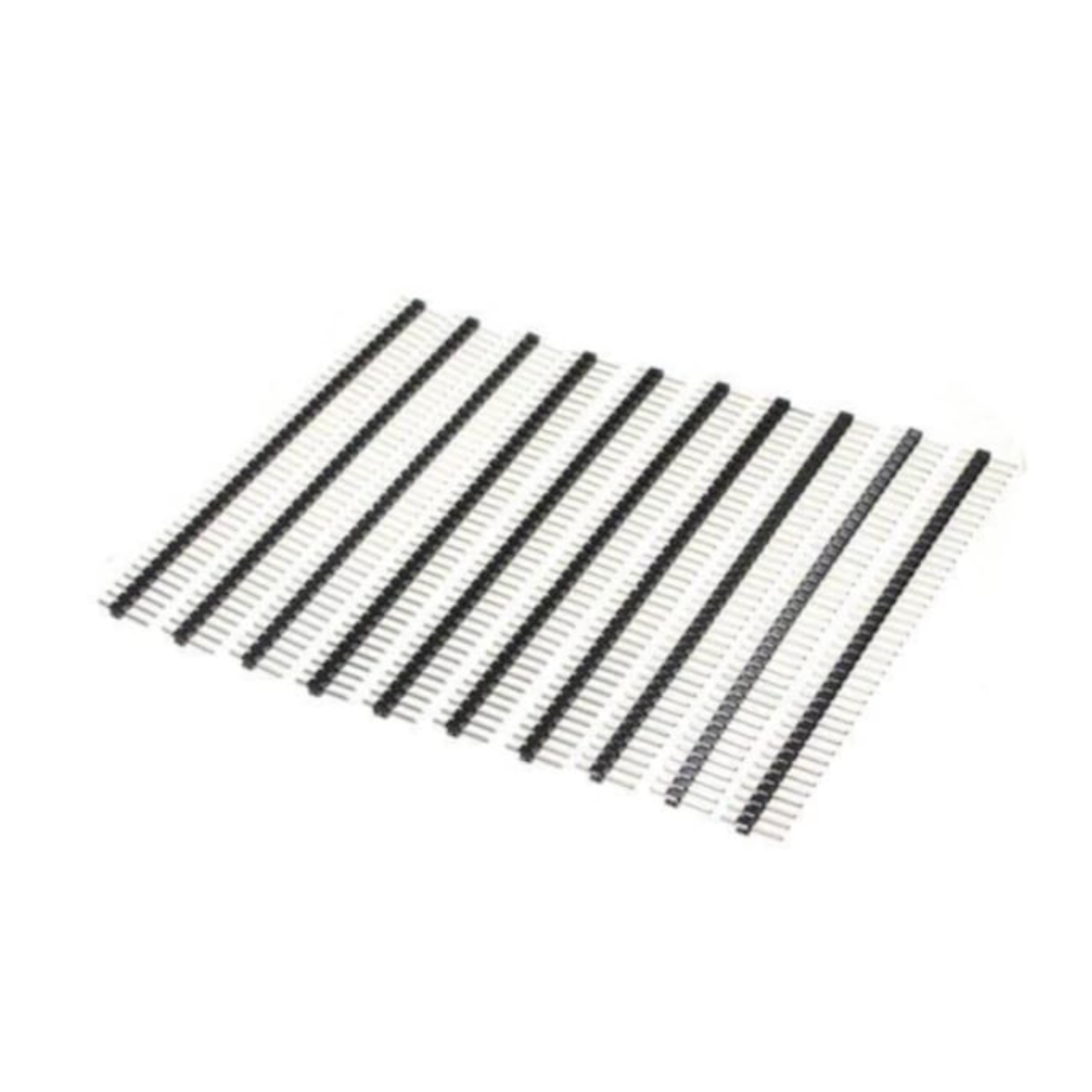 Sheet of multiple ShillehTek 1x40 male pin headers arranged in rows