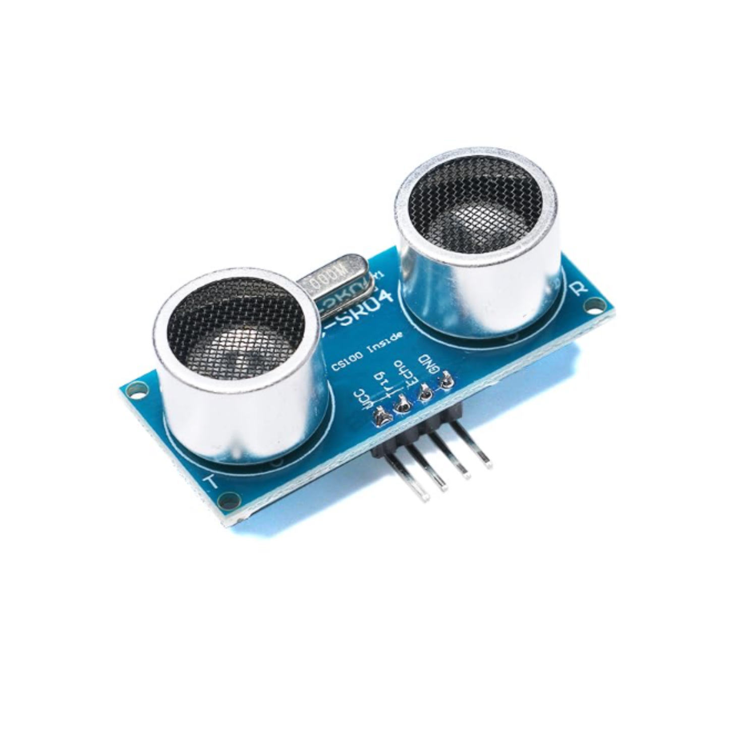Angled view of ShillehTek HC-SR04 Ultrasonic Distance Sensor showing blue circuit board and metal sensors
