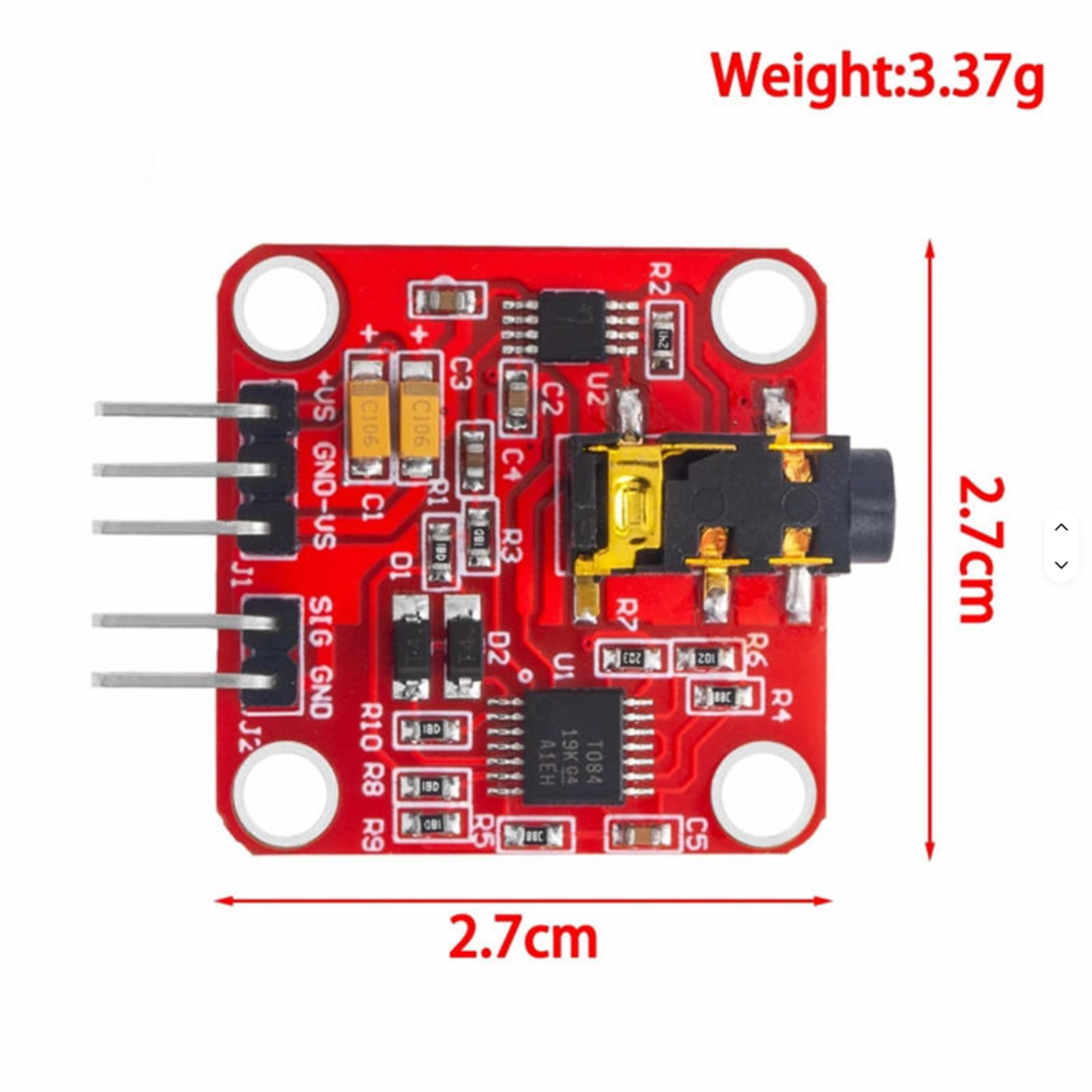 ShillehTek EMG sensor red circuit board showing dimensions 2.7cm