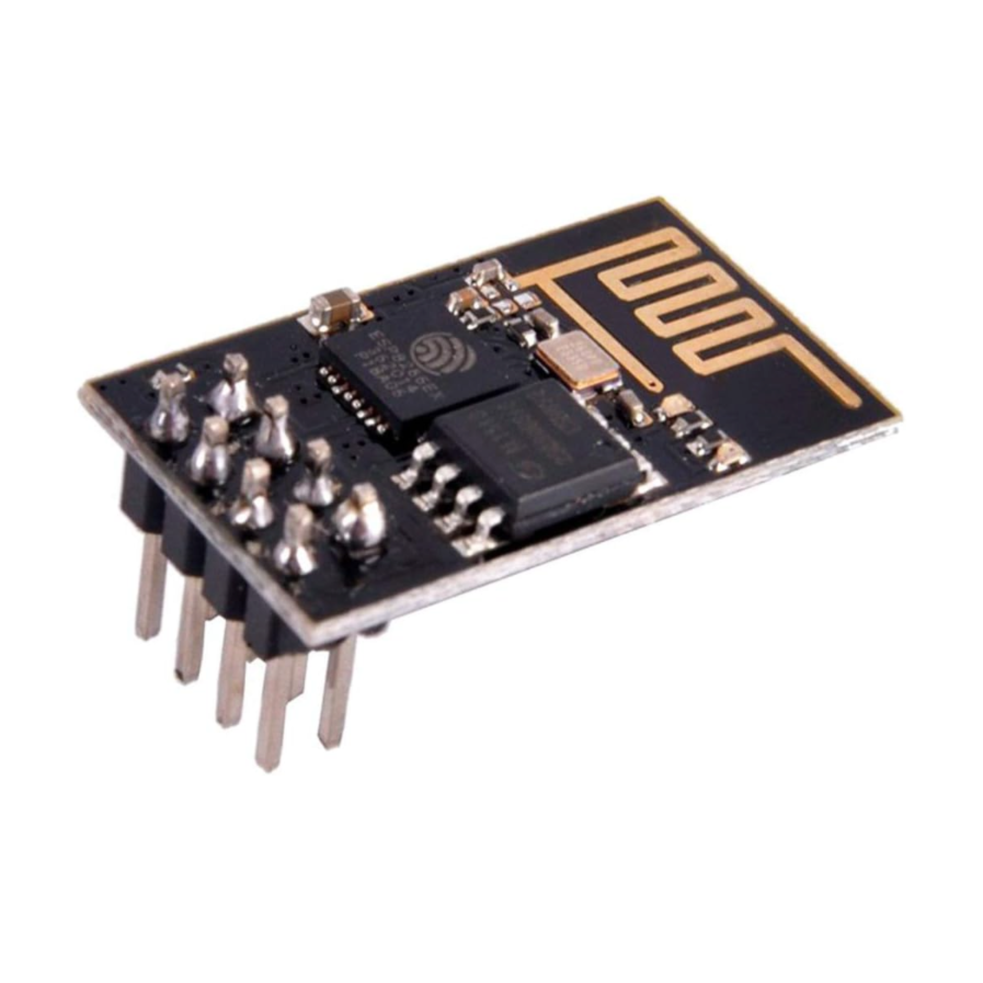 Angle view of ShillehTek ESP8266 ESP-01 WiFi Module showing black chip components