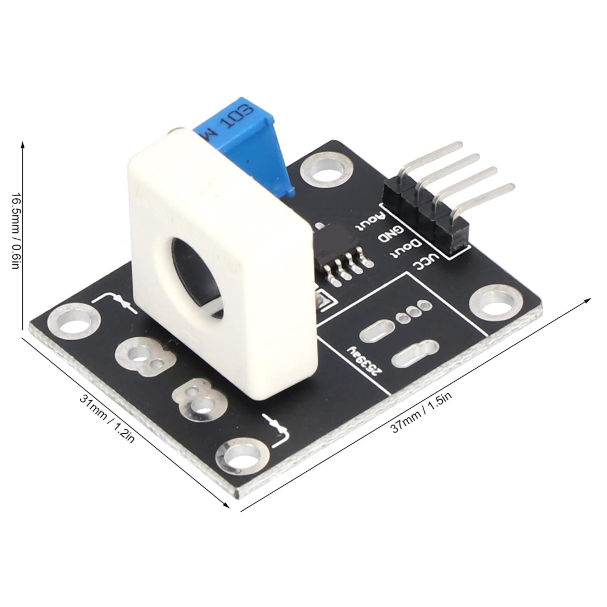 ShillehTek WCS1700 Hall current sensor showing measurements and blue adjustment knob