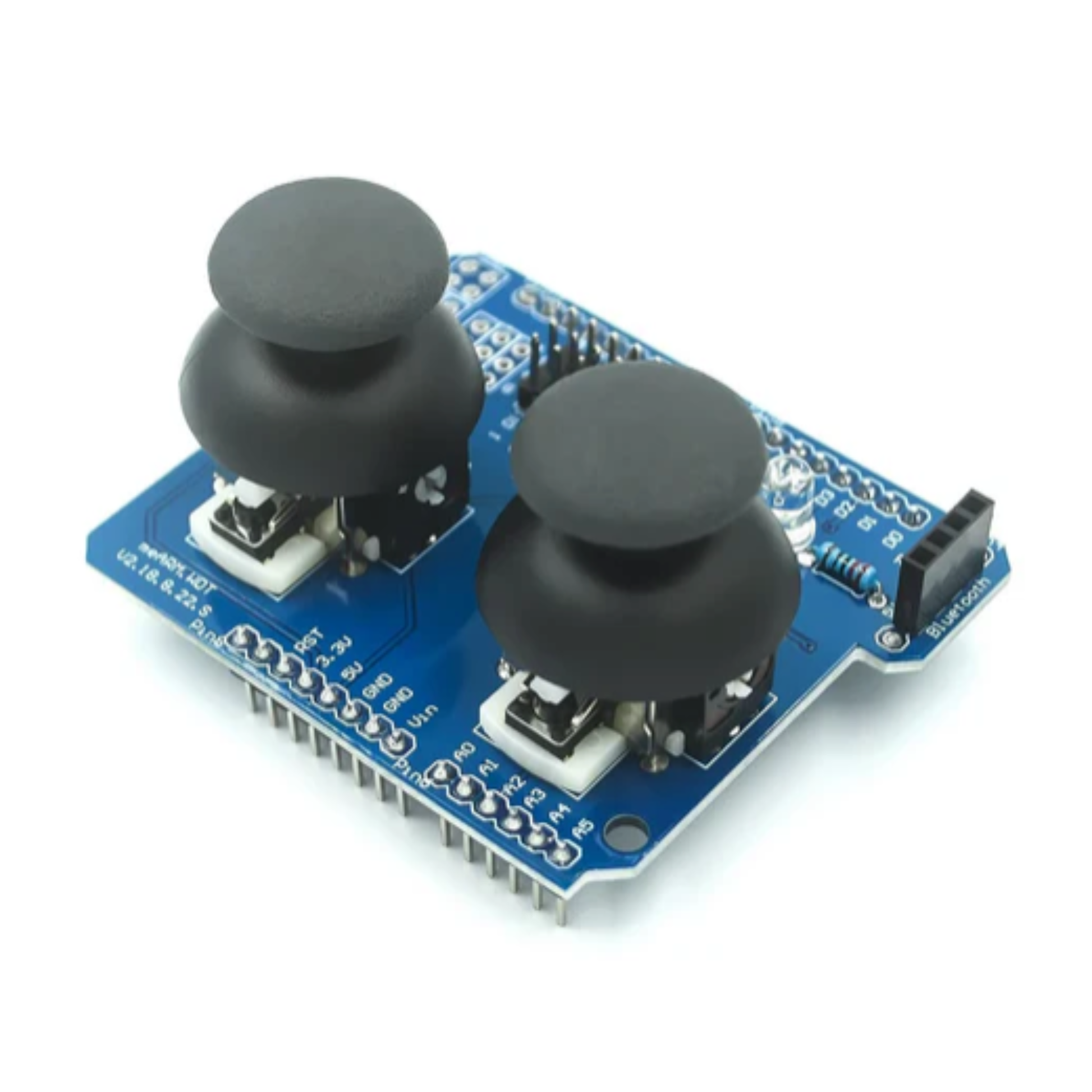 Top angled view of ShillehTek Joystick Shield V1.A two joysticks on blue PCB