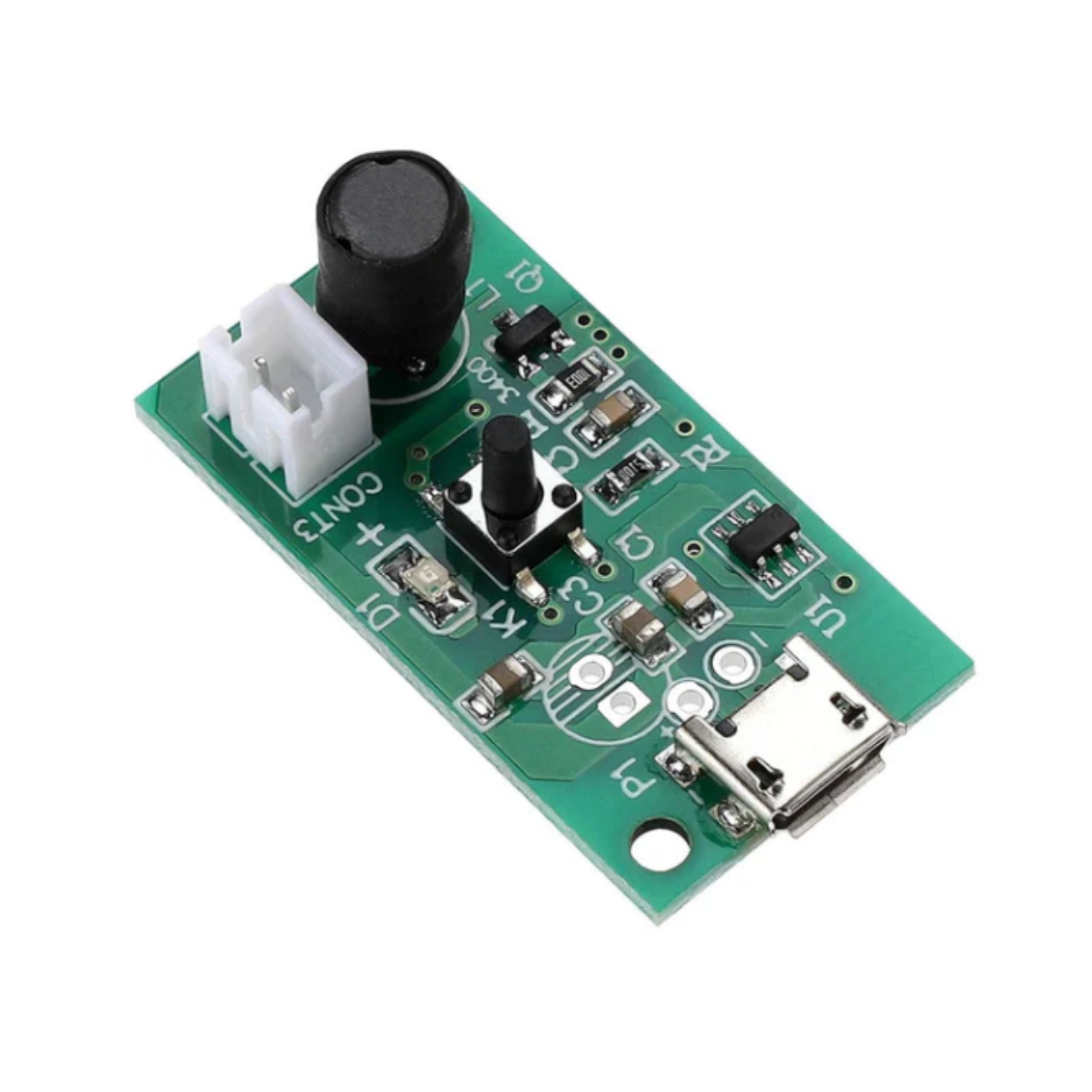 Close-up angled view of ShillehTek humidifier module circuit board with USB port