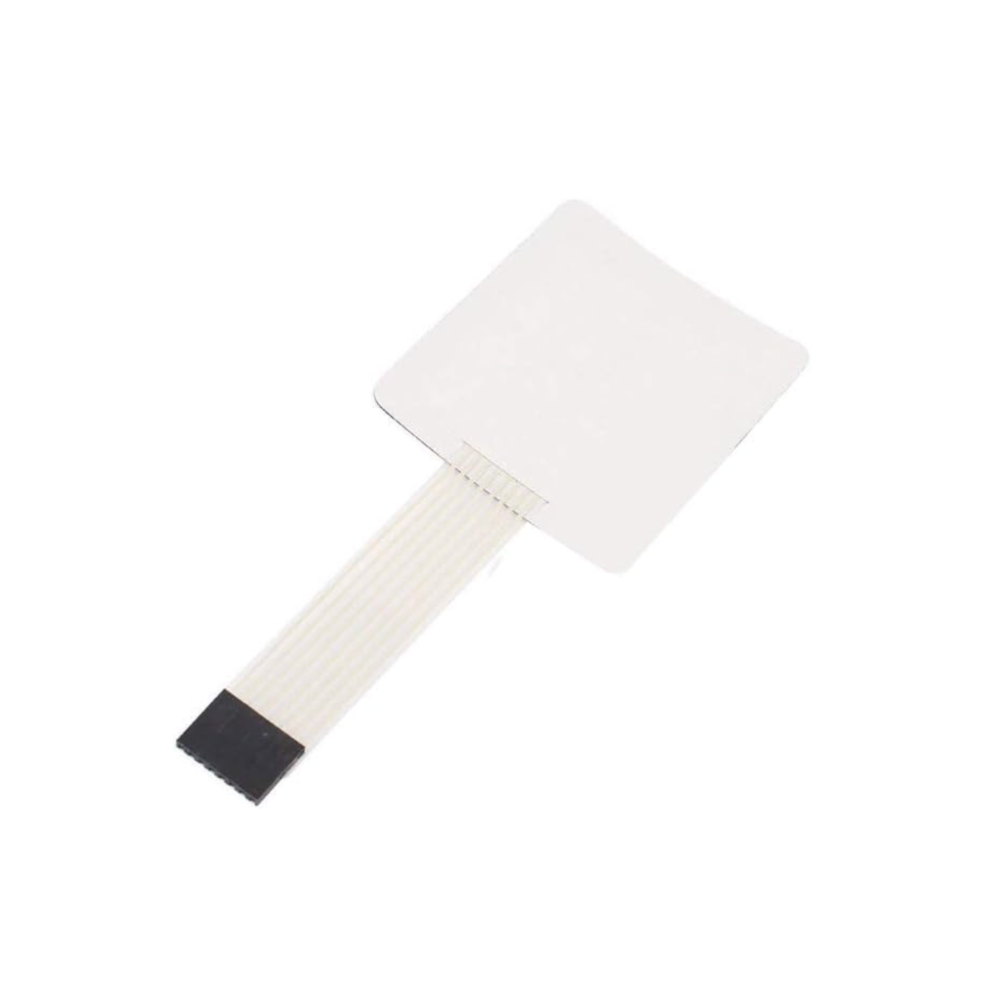 Back view of ShillehTek 4x4 membrane matrix keypad with white surface and ribbon cable