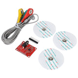 ShillehTek AD8232 ECG Module showing red board with pins and three adhesive electrode pads
