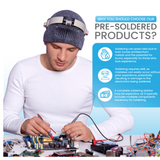 Person testing circuitry with electronic components and highlighting benefits of ShillehTek pre-soldered products