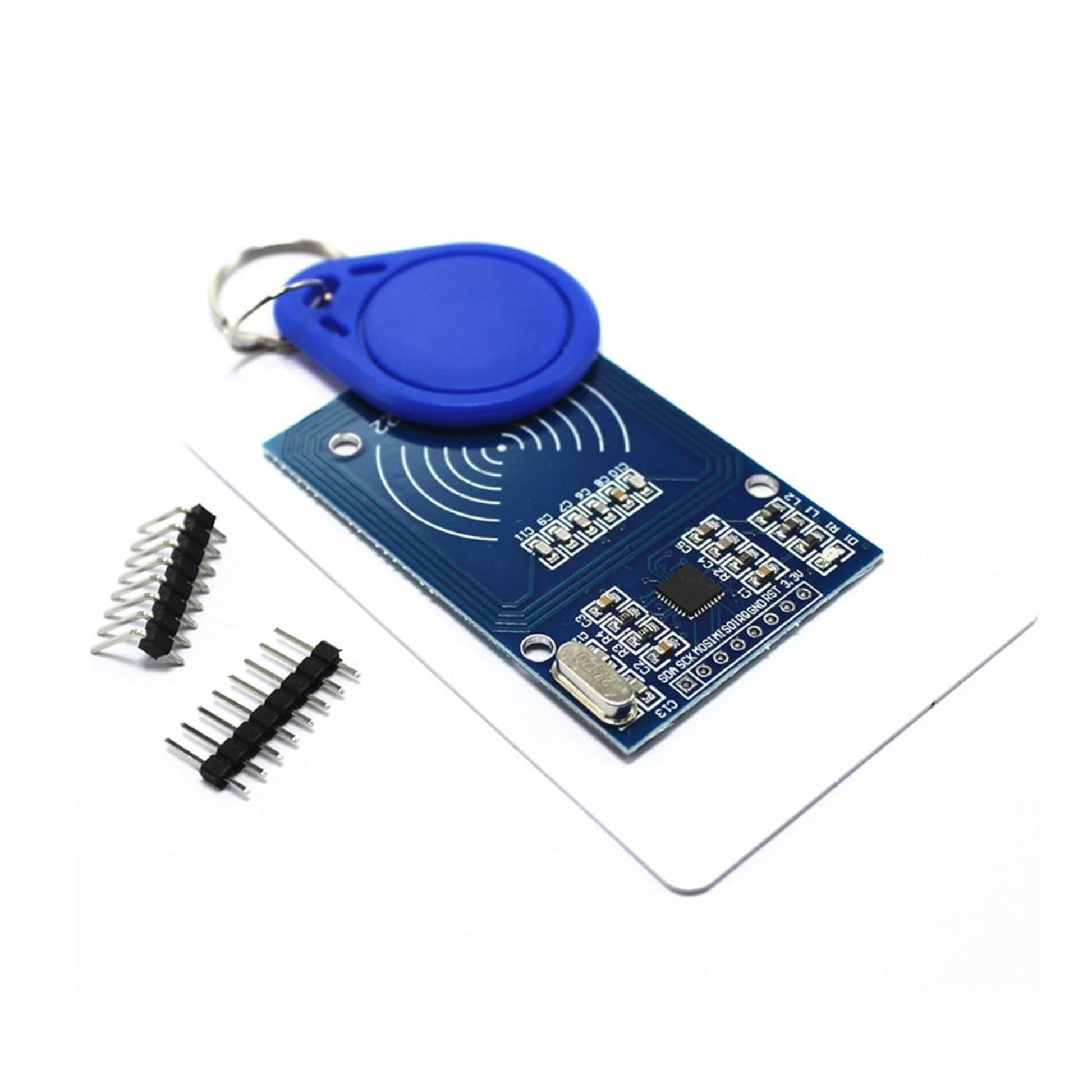ShillehTek RC522 RFID Reader Module assembled on white card with key fob and pins