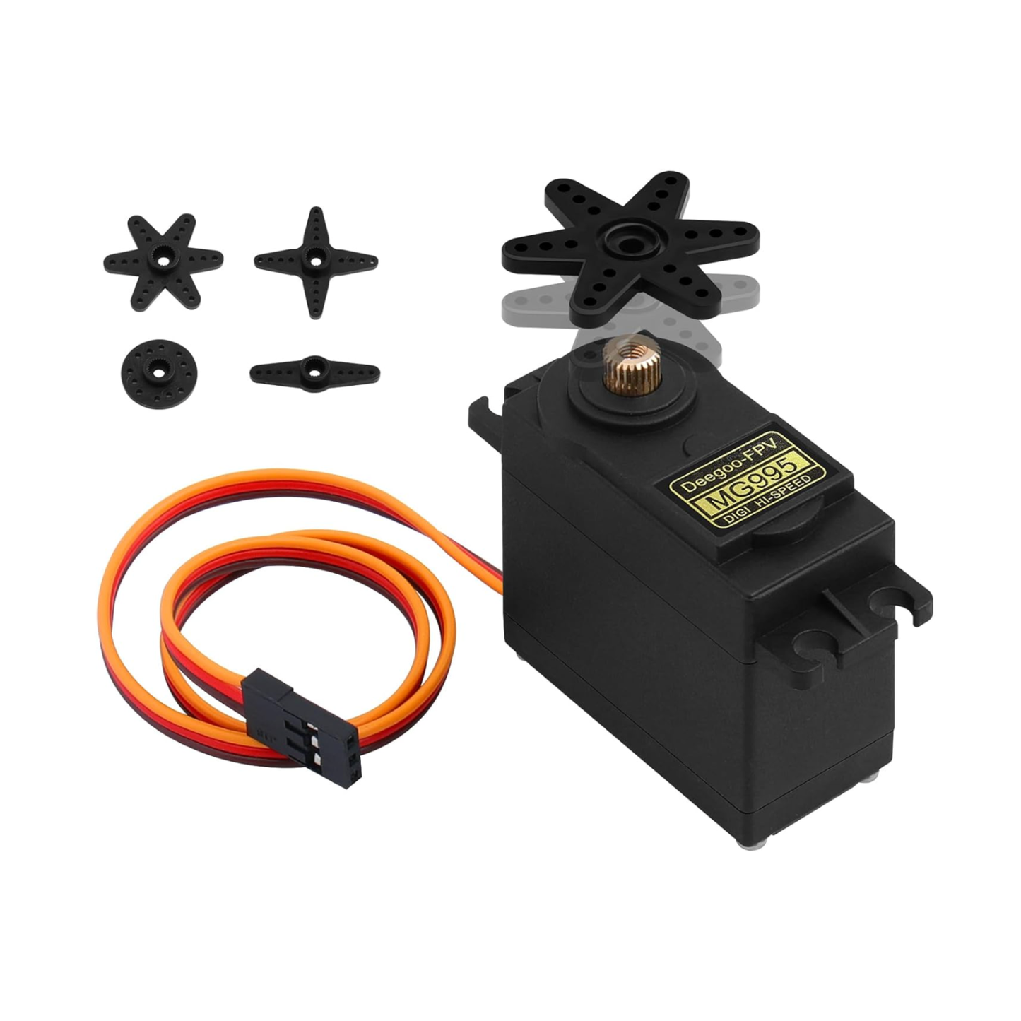 ShillehTek MG995 Metal Gear Servo Motor shown with cable and multiple plastic servo horns