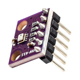 angled view of purple PCB with soldered BMP280 sensor and pins by ShillehTek