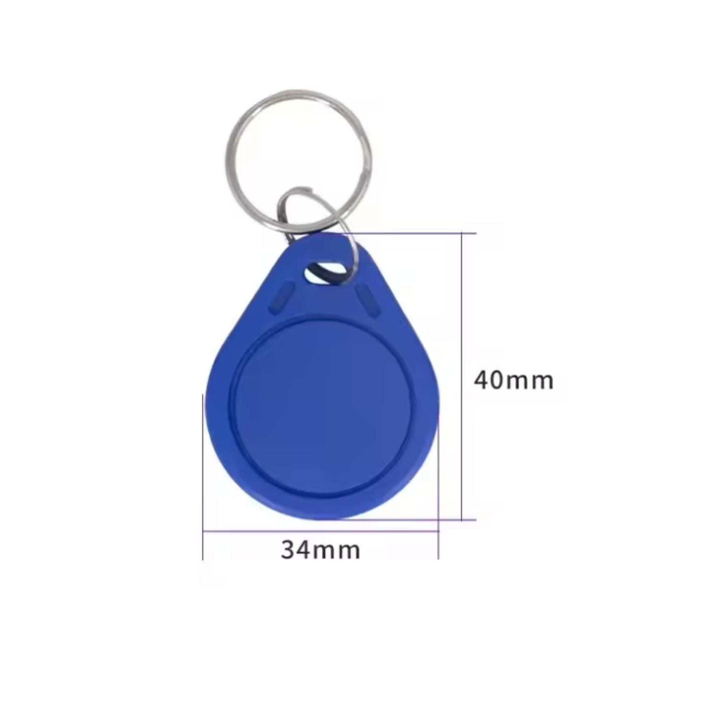 Blue ShillehTek 13.56MHz RFID key fob tag showing dimensions 40mm by 34mm