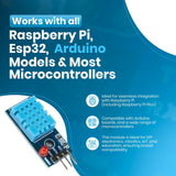 ShillehTek DHT11 sensor shown on blue background with compatibility details for Arduino and Raspberry Pi