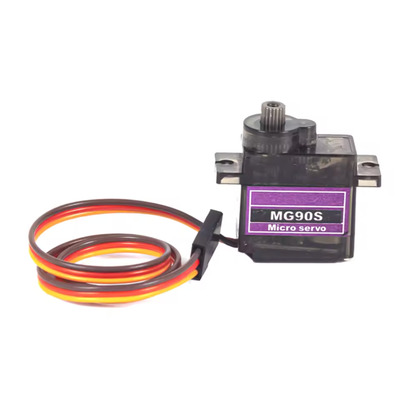 ShillehTek MG90S micro servo motor with coiled wiring on white background