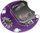 Close-up of one ShillehTek Lilypad CR2032 coin cell battery holder with on/off switch
