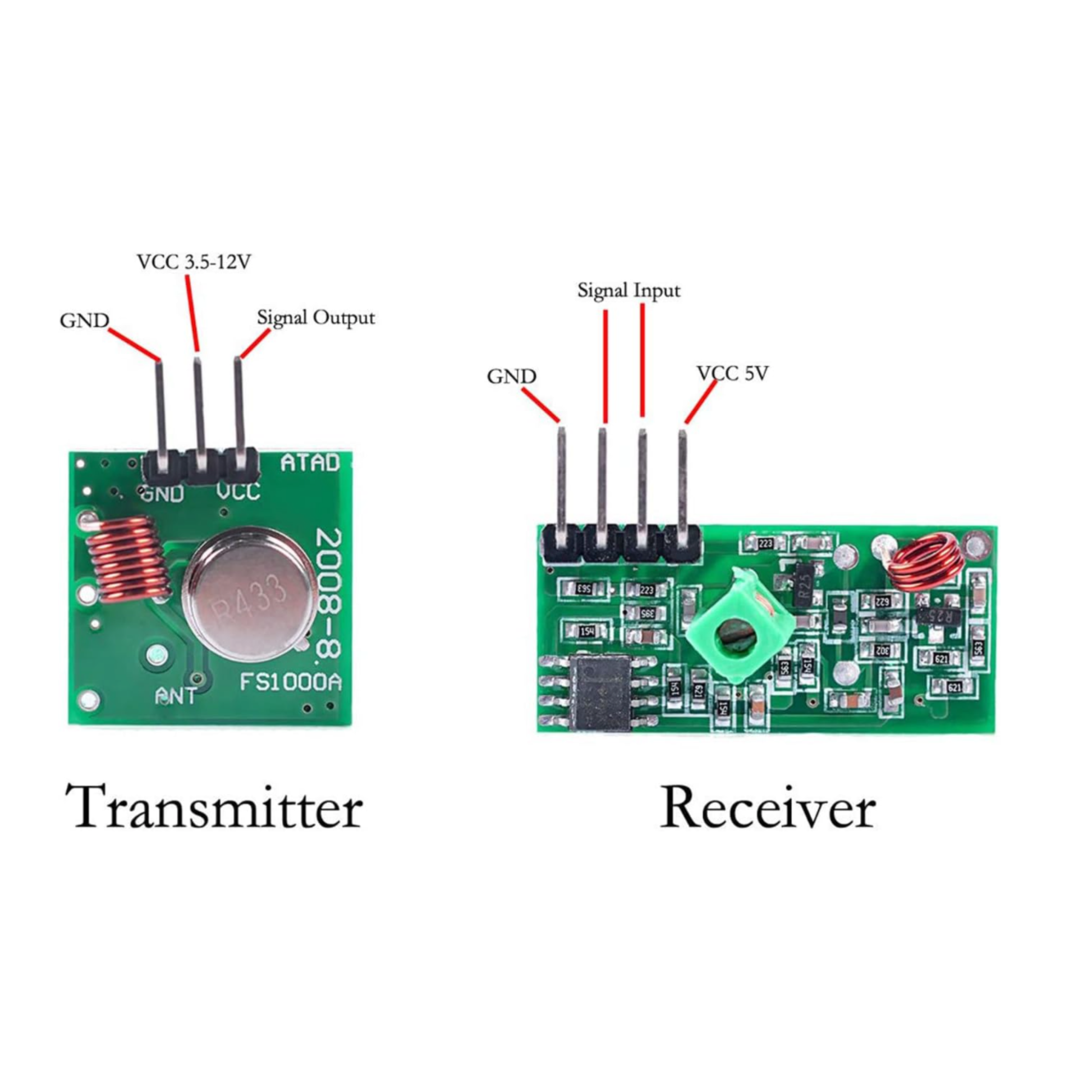 ShillehTek 433MHz RF transmitter receiver kit labeled with pin connections