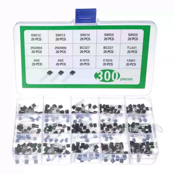 300 pieces common triode kit with various transistor types in a transparent plastic storage box