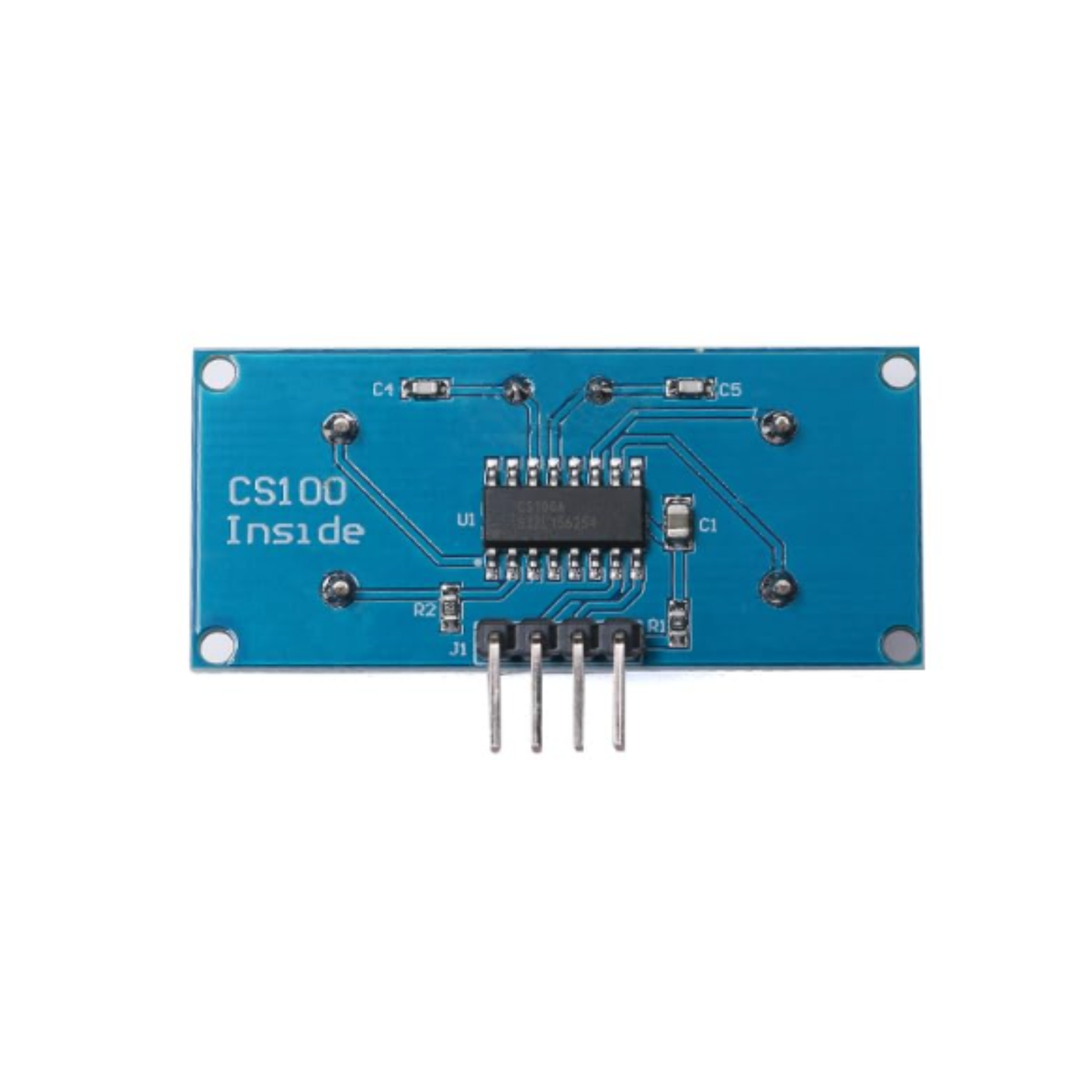 Back side of ShillehTek HC-SR04 Ultrasonic Distance Sensor Module with integrated circuit and pins