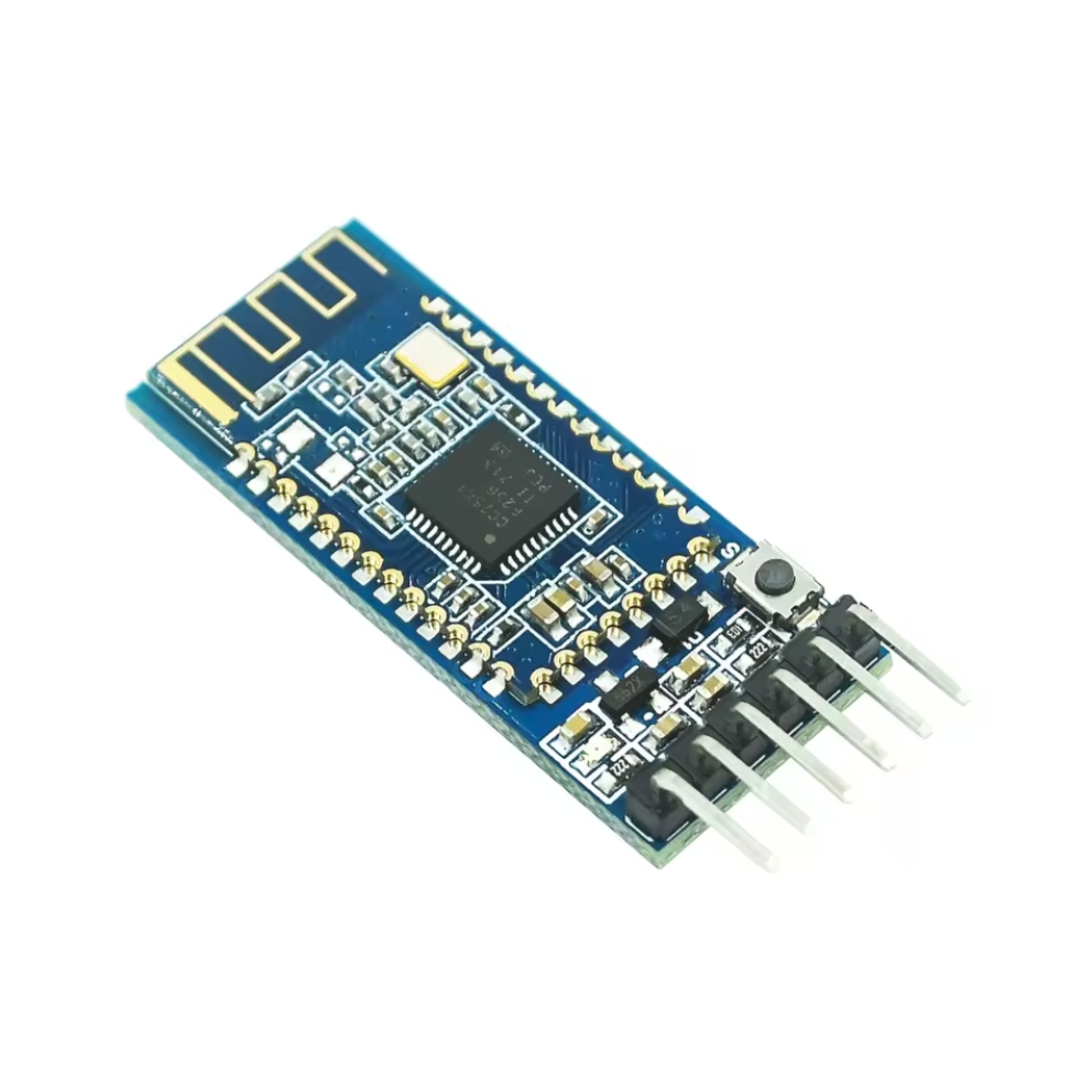 Angled view of ShillehTek HM-10 Bluetooth 4.0 module PCB with chips and components