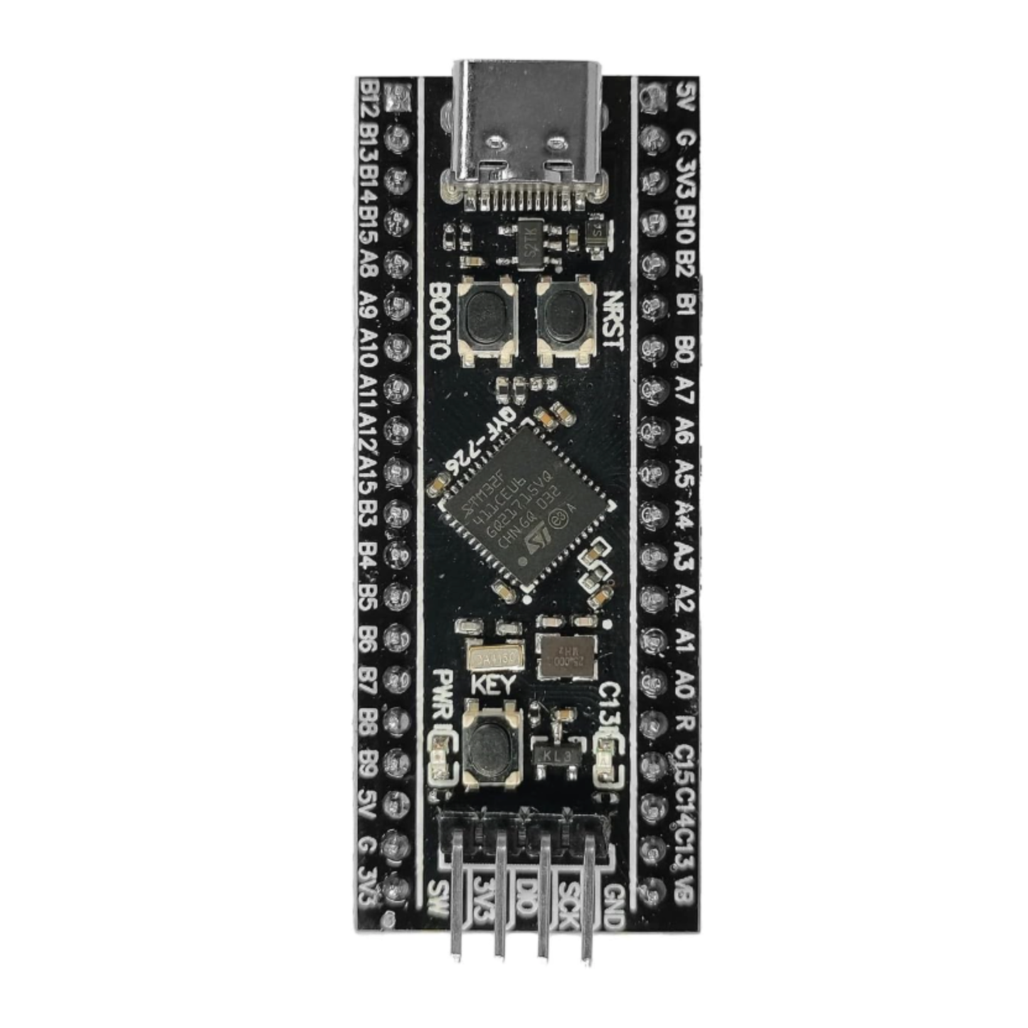 Top down view of ShillehTek STM32F411CEU6 Black Pill ARM Board showing chip and buttons