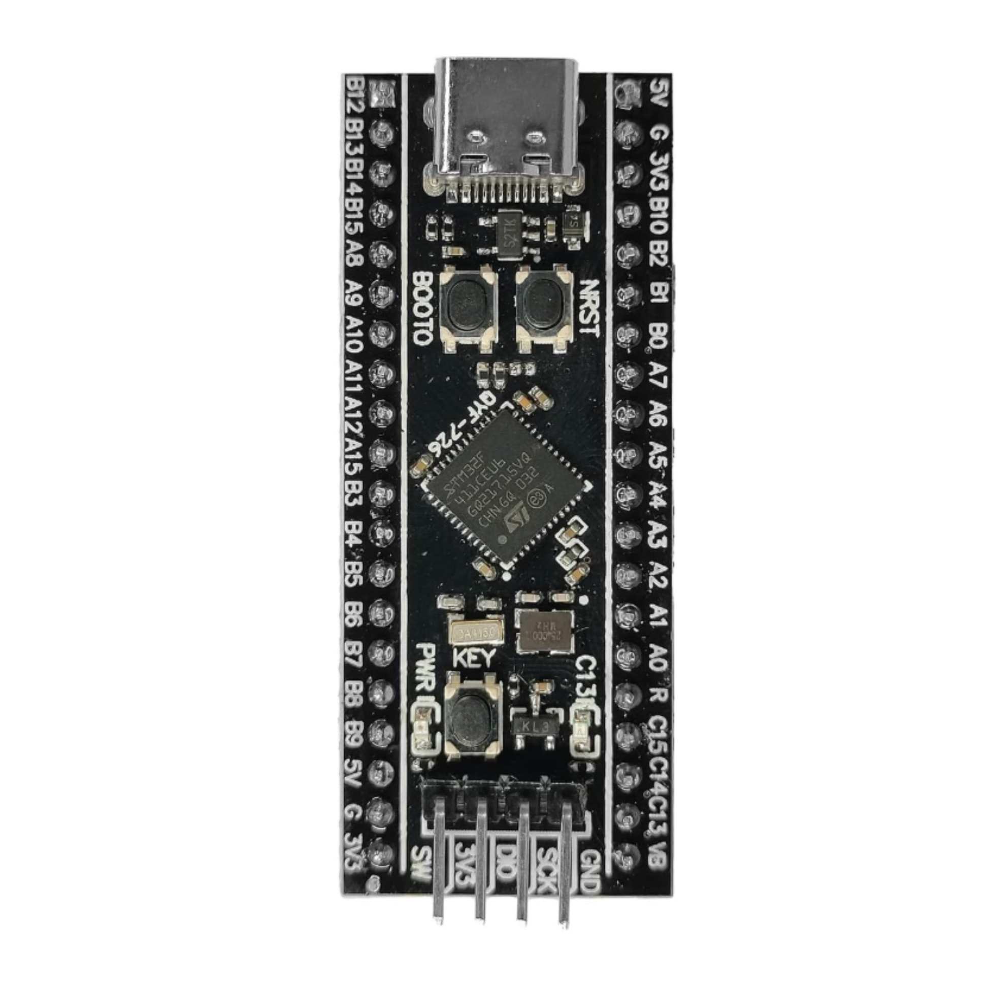 Top down view of ShillehTek STM32F411CEU6 Black Pill ARM Board showing chip and buttons