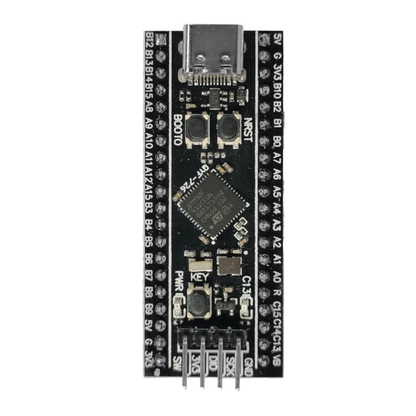 Top down view of ShillehTek STM32F411CEU6 Black Pill ARM Board showing chip and buttons