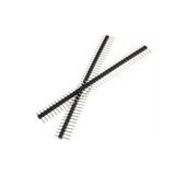 Two crossed ShillehTek 1x40 male pin headers with metal pins