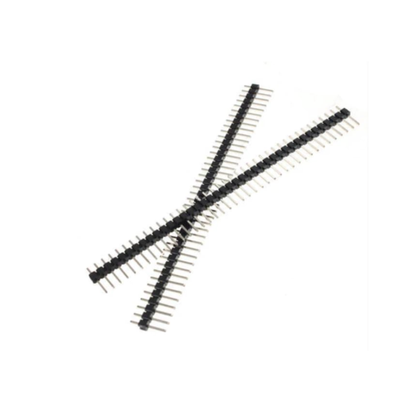 Two crossed ShillehTek 1x40 male pin headers with metal pins