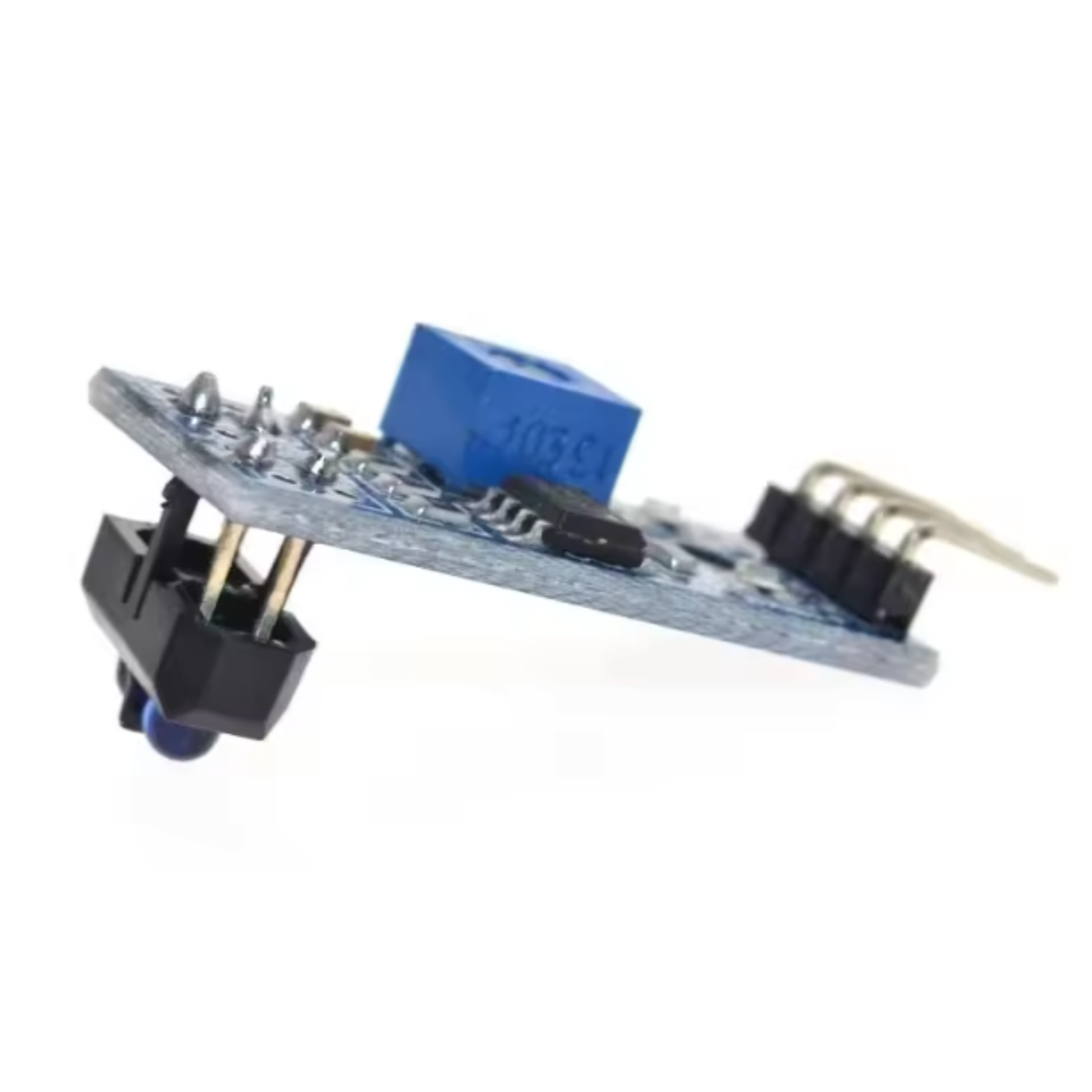 Side angle of blue board showing black sensor and blue potentiometer ShillehTek TCRT5000 IR sensor