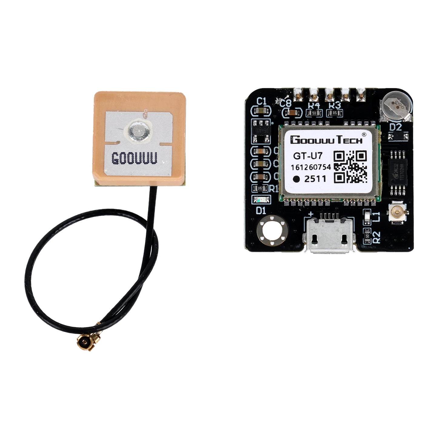 Square antenna connected by cable next to GT-U7 NEO-6M GPS Module ShillehTek