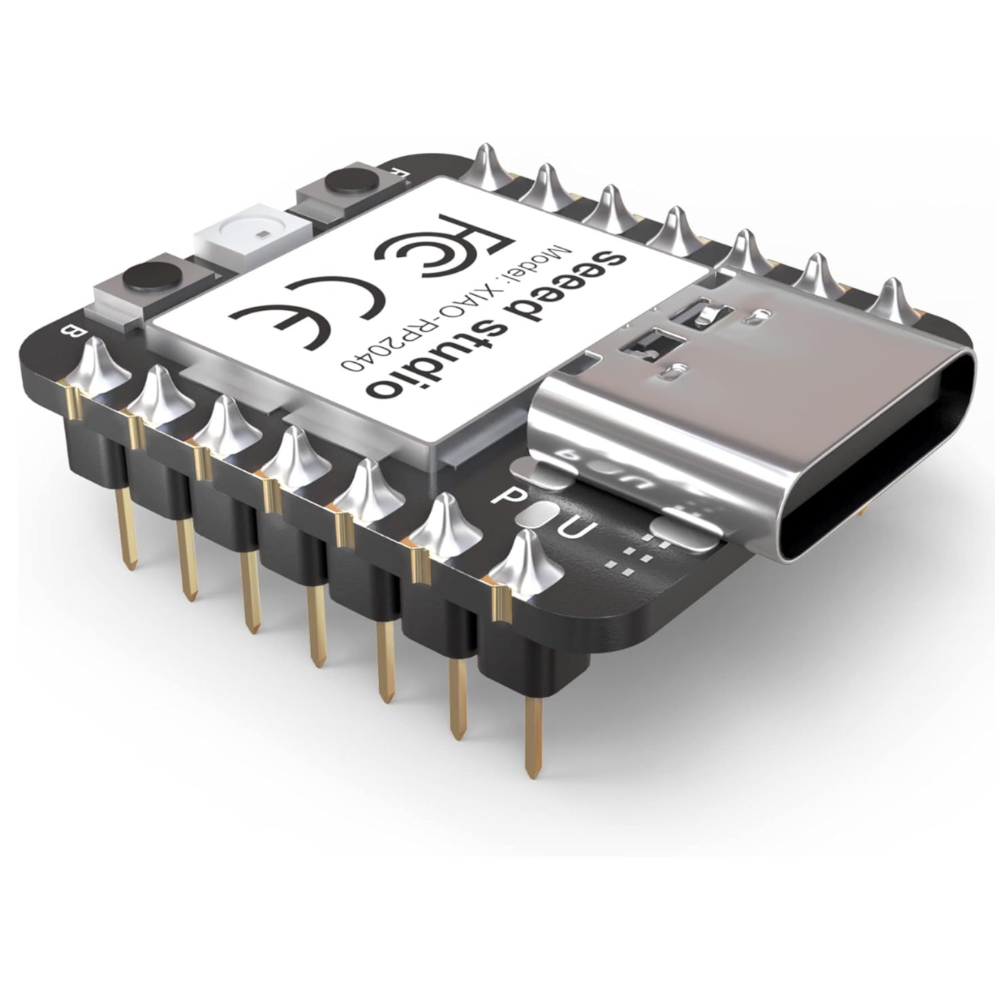 Close side angle of ShillehTek Seeed Studio Arduino RP2040 microcontroller pins