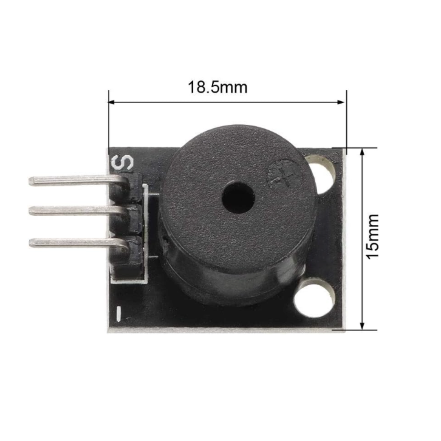 Top view of ShillehTek KY-006 buzzer module displaying dimensions and pins