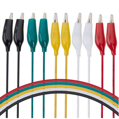 Close-up view of ShillehTek alligator clip test leads in red, black, white, yellow, and green