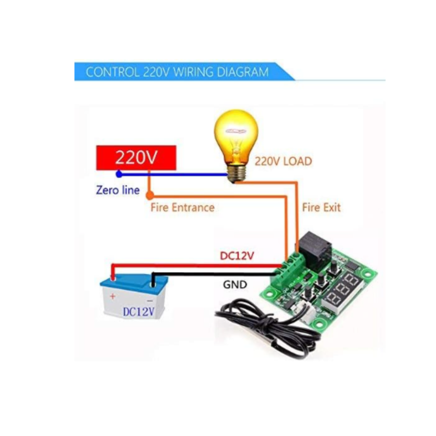 Wiring diagram for ShillehTek W1209 showing 220V load and DC12V power connections