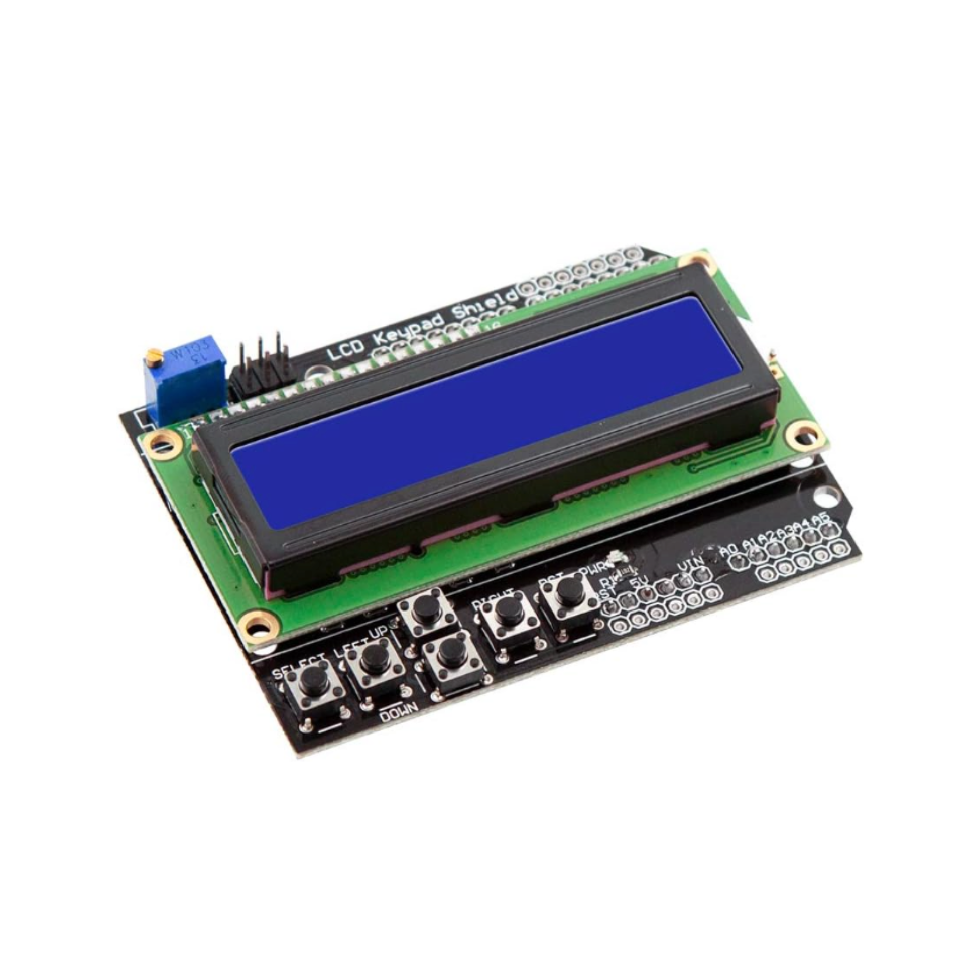 Angled front side view of LCD1602 16x2 Keypad Shield showing control buttons