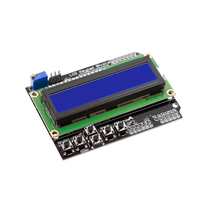 Angled front side view of LCD1602 16x2 Keypad Shield showing control buttons