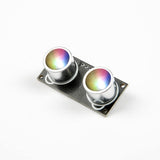 ShillehTek HC-SR04 Ultrasonic Distance Sensor tilted view showing reflective RGB light lenses