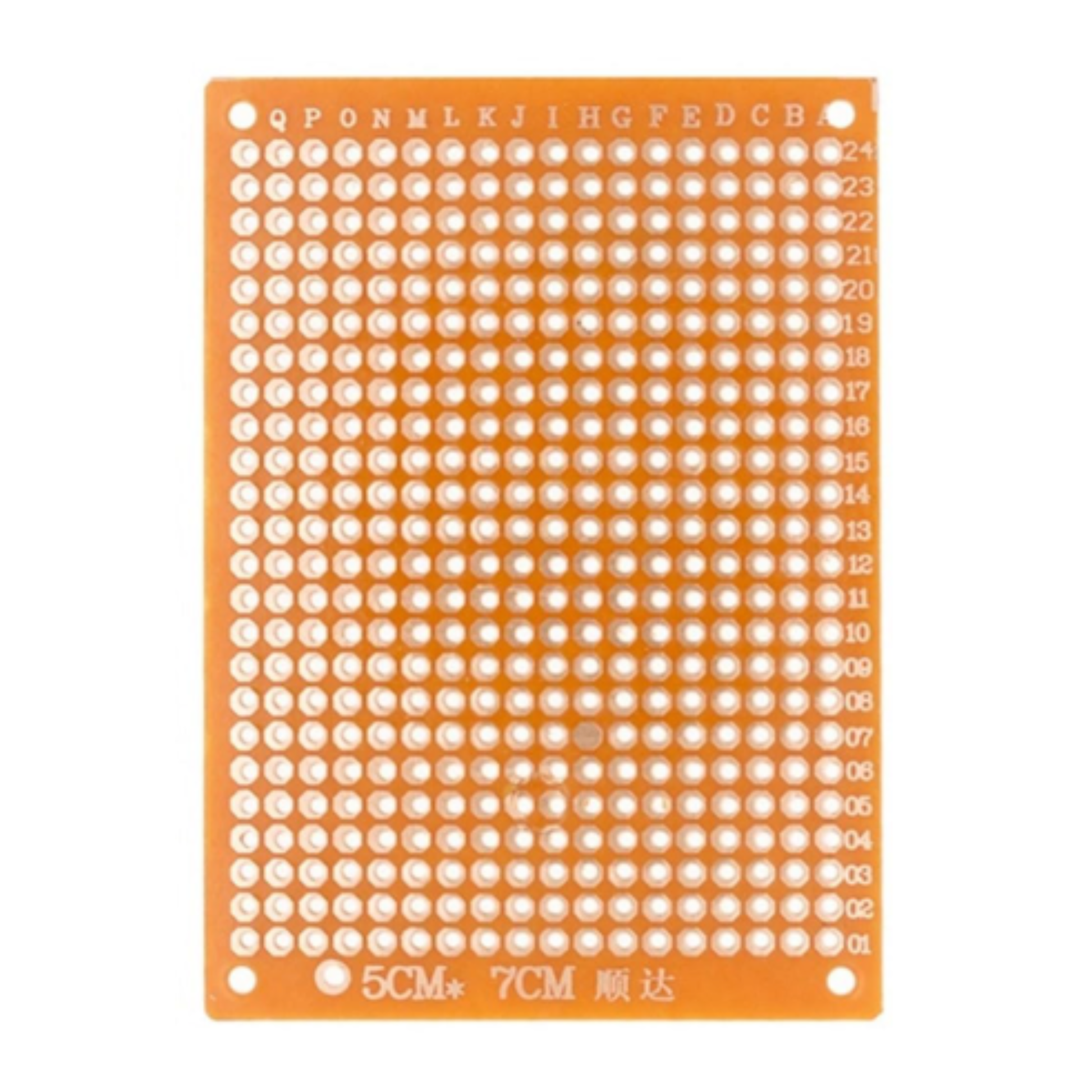 Closeup front view of 5x7cm copper prototype PCB board with alphanumeric grid markings