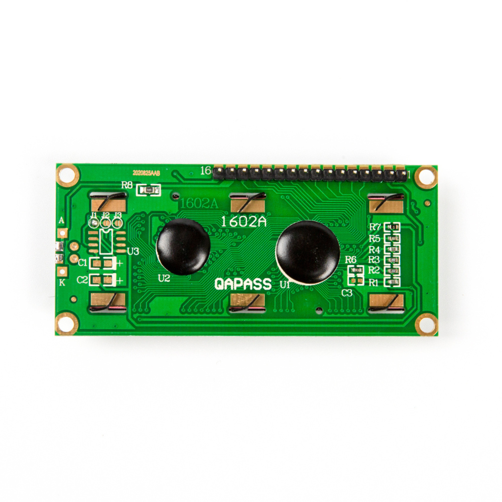 Back side of ShillehTek LCD1602 16x2 LCD module with integrated circuits view