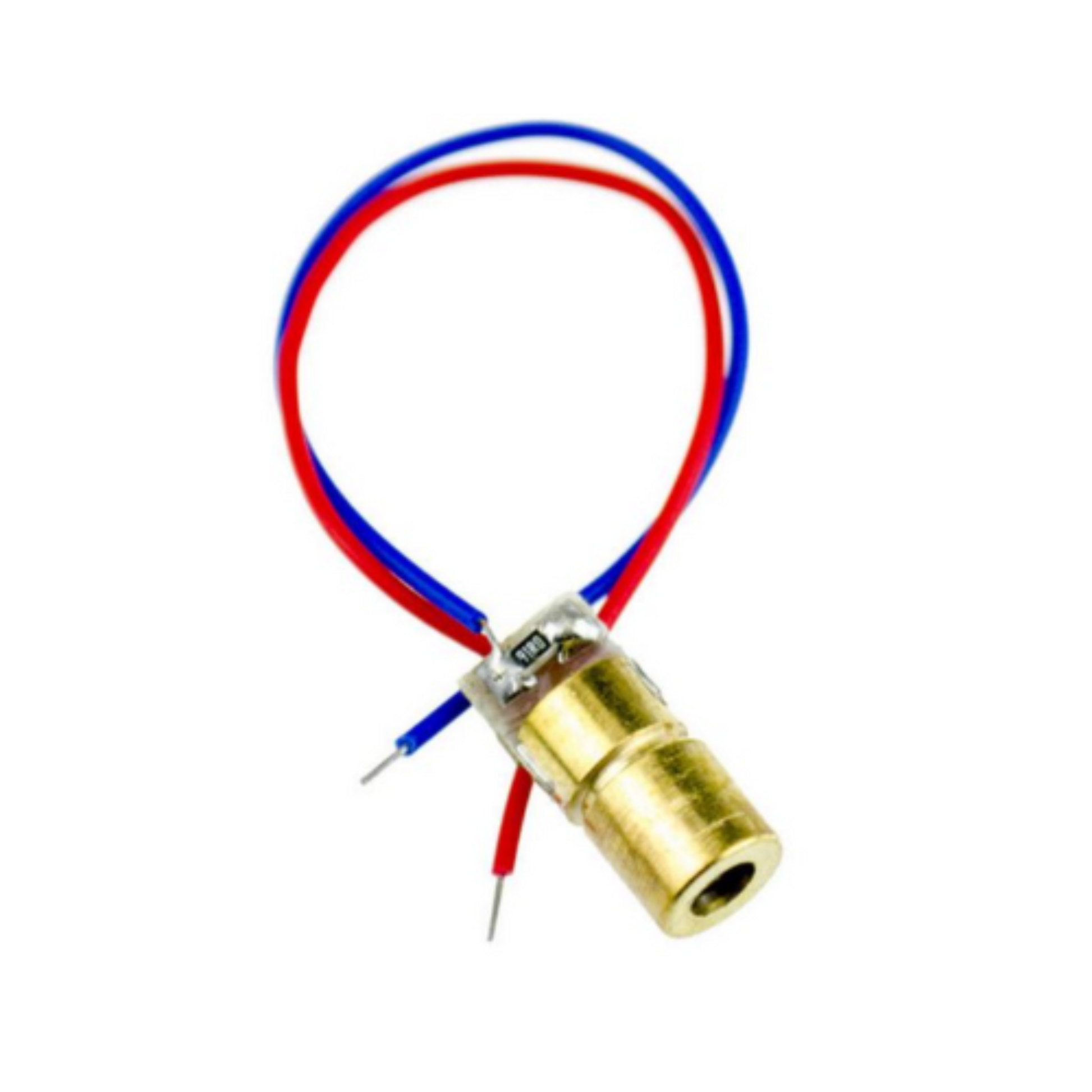 Close-up of single 6mm 650nm 5mW red laser diode module with red and blue wires