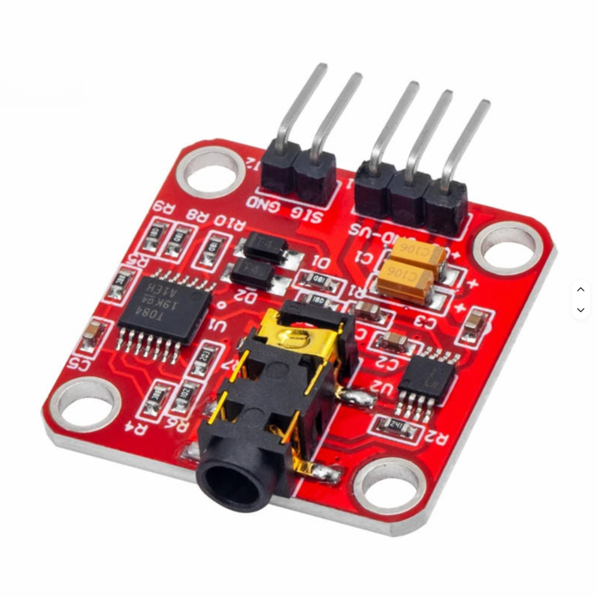 Close up of ShillehTek EMG sensor module red PCB circuit board