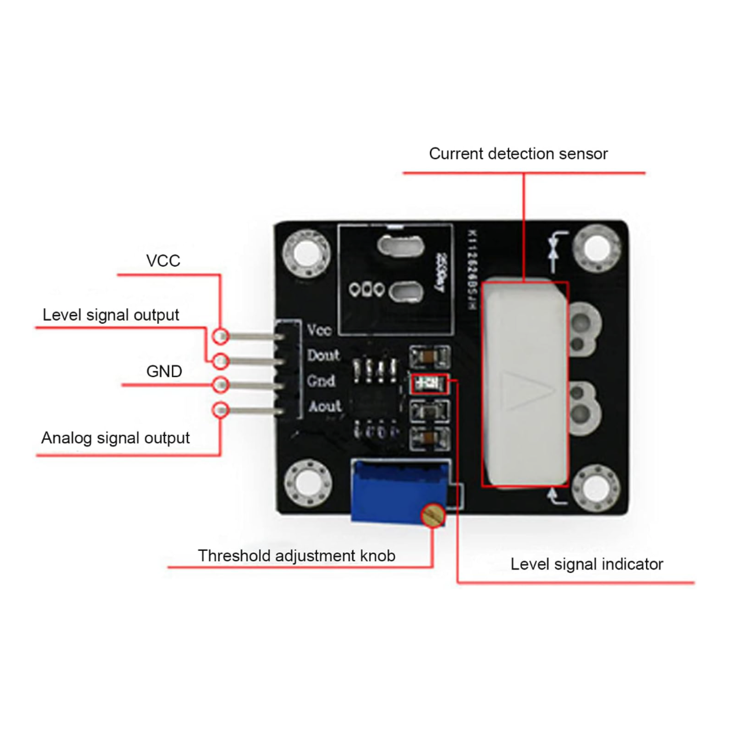 ShillehTek WCS1700 module circuit labeled with current detection sensor and output pins