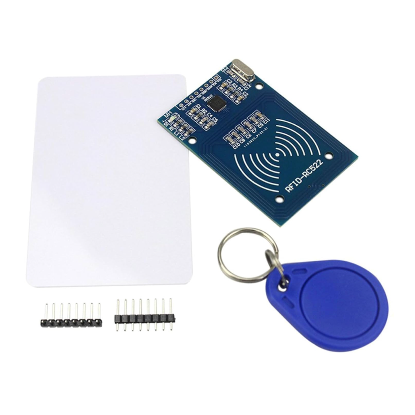 ShillehTek RC522 RFID Reader Module alongside key fob, white card, and pin connectors