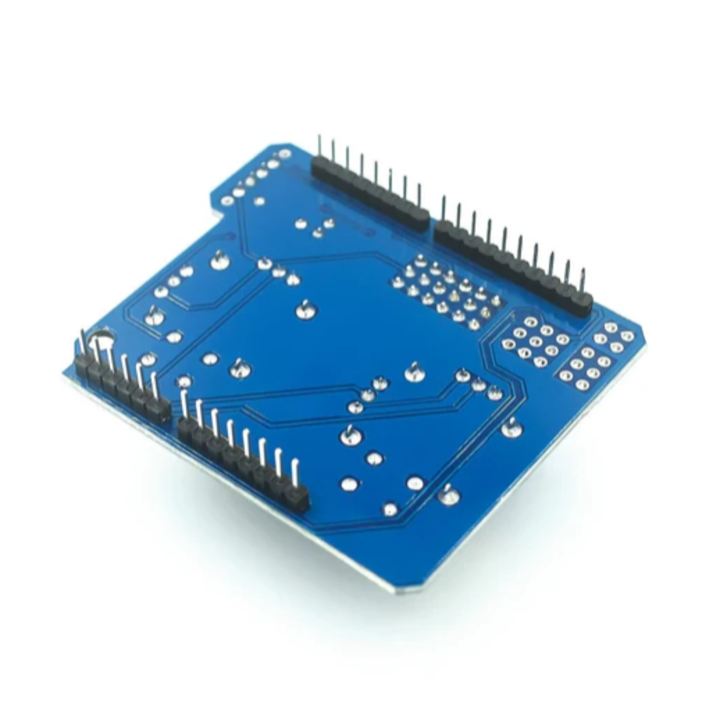 Underside of ShillehTek Joystick Shield V1.A showing solder points and pin headers