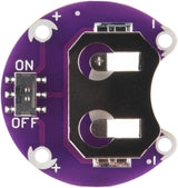 Top view showing ShillehTek Lilypad CR2032 coin cell battery holder metal contacts and switch
