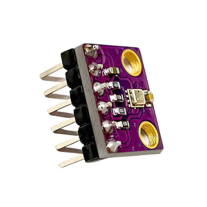 Close-up of ShillehTek Pre-Soldered BME280 sensor with purple PCB and metal pins