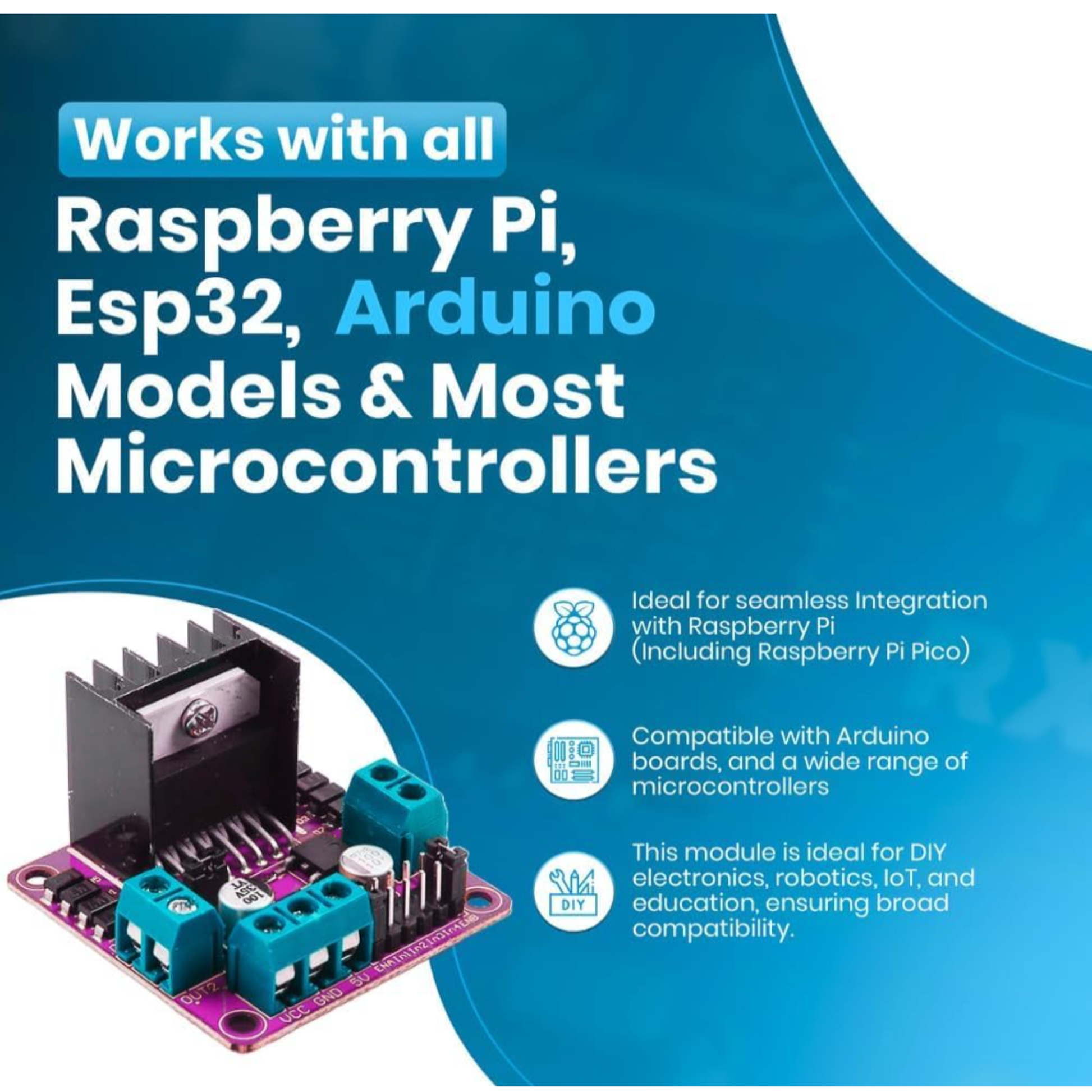 ShillehTek L298N Motor Driver Board with purple PCB shown with compatibility text